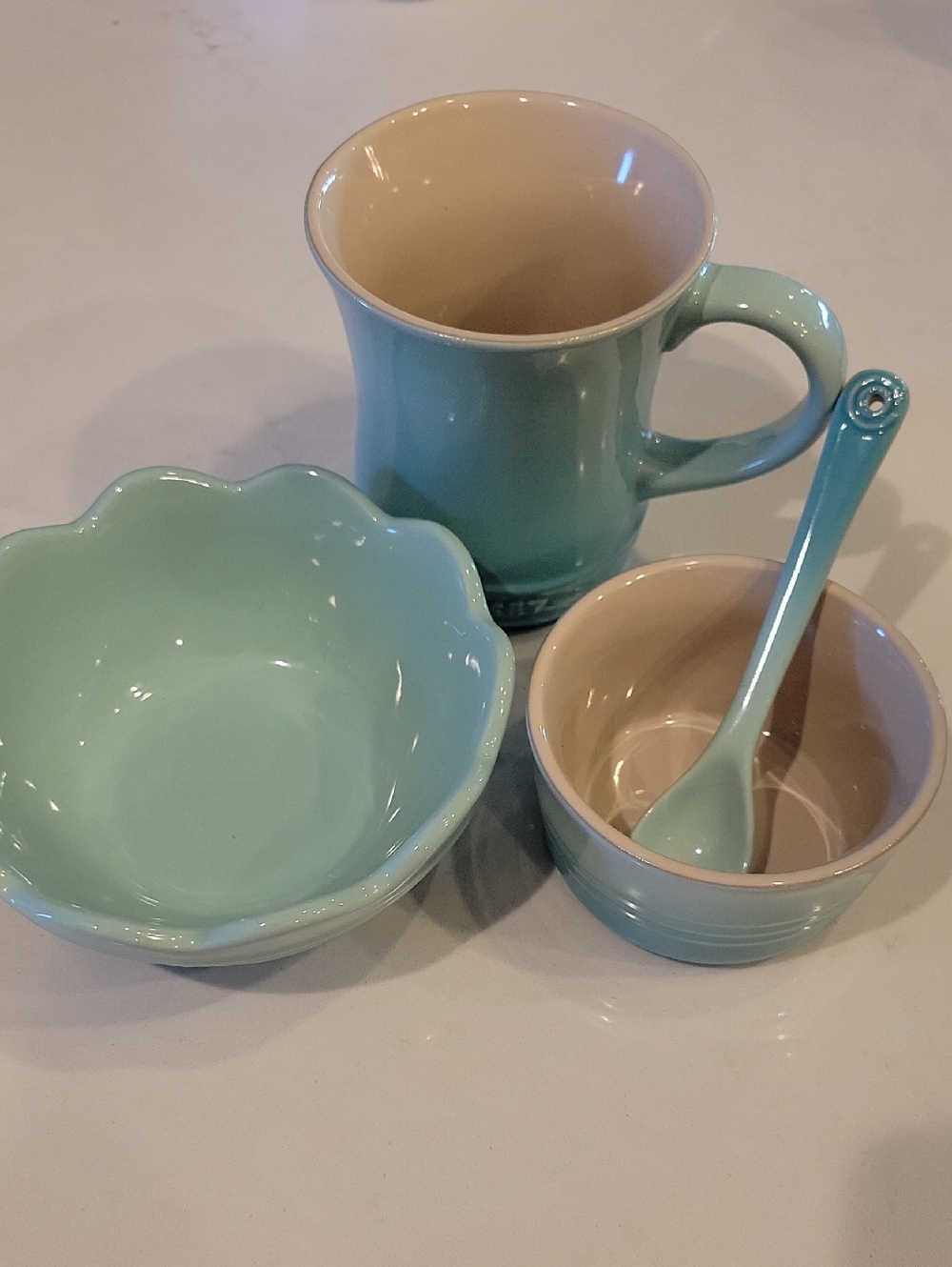 Le Creuset Cool Mint Retired Ramekin, Bowl, Mug & Spoon Set